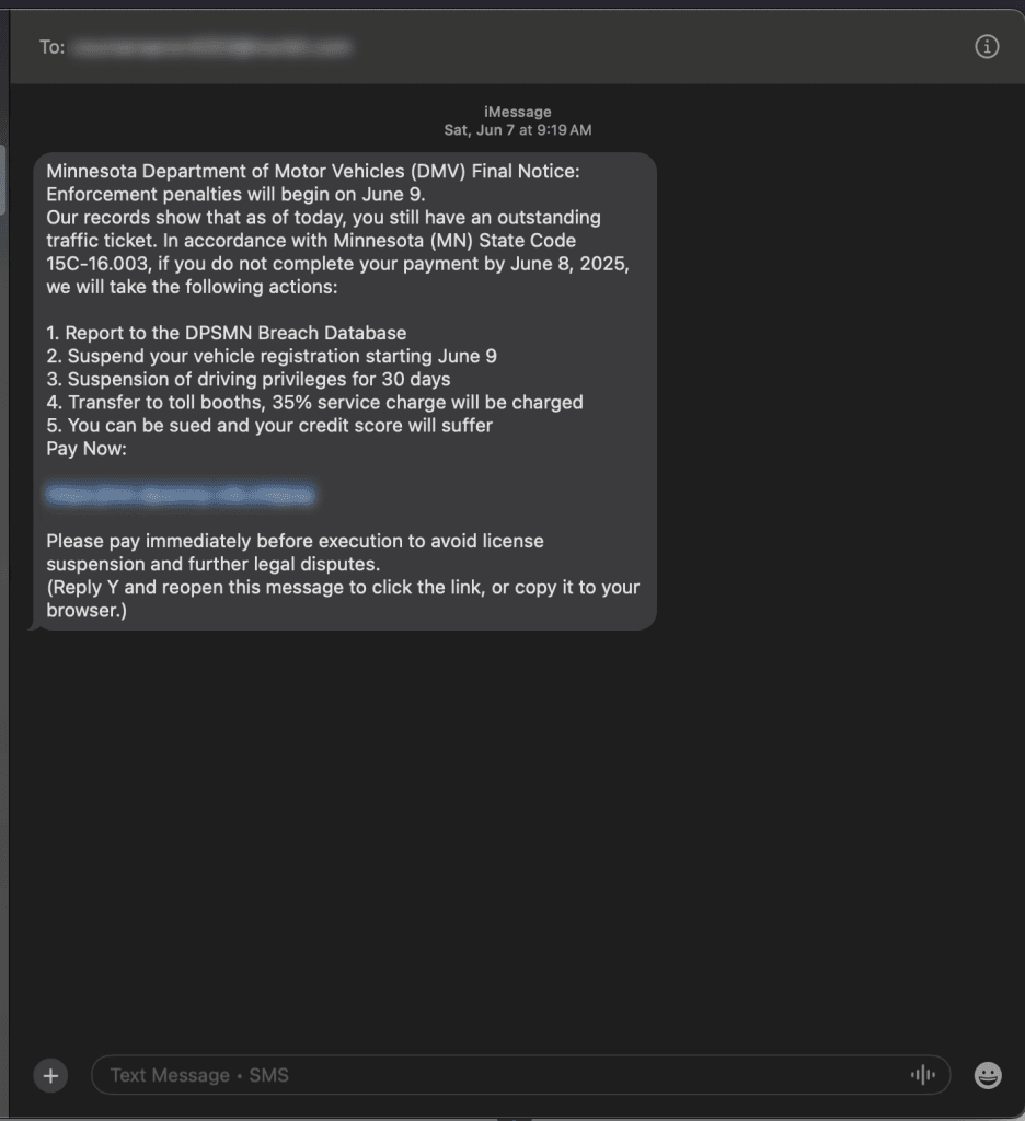 Government impersonation SMS scam example showing fake Minnesota DMV text message demanding immediate payment with threats of license suspension - typical text message scam tactics